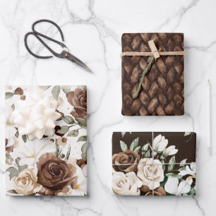 Creamy Brown Chocolate Floral Birthday Wrapping Paper Sheets