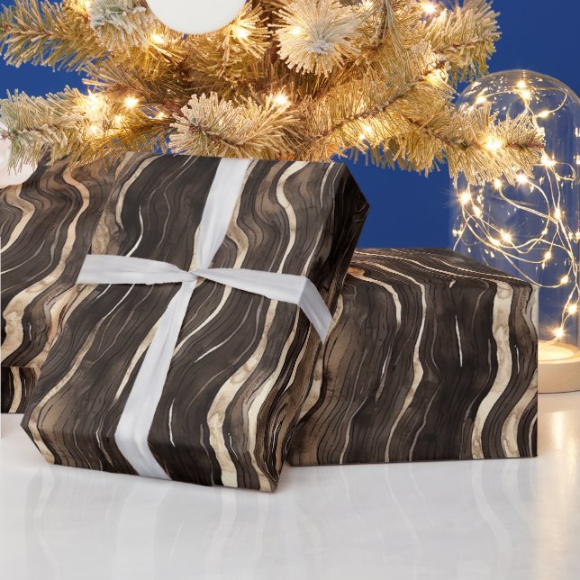 Creamy Brown Chocolate Gold Wavy Stripes Christmas Wrapping Paper (Holidays)