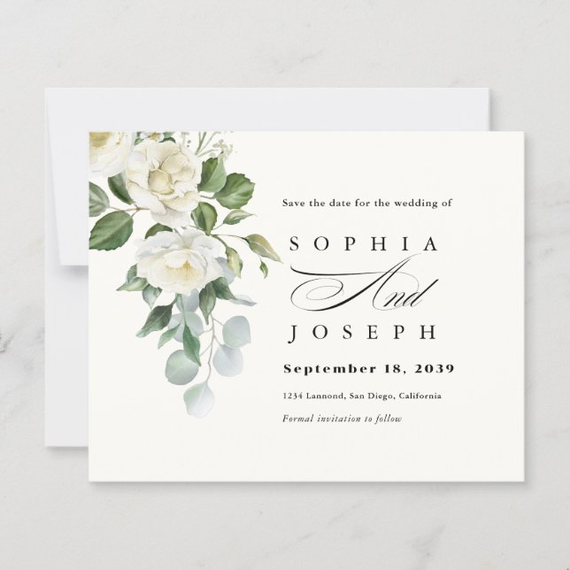 Creamy Floral Eucalyptus Wedding Save the date (Front)