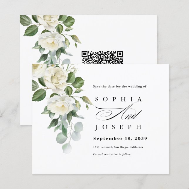 Creamy Floral Eucalyptus Wedding Save the date (Front/Back)