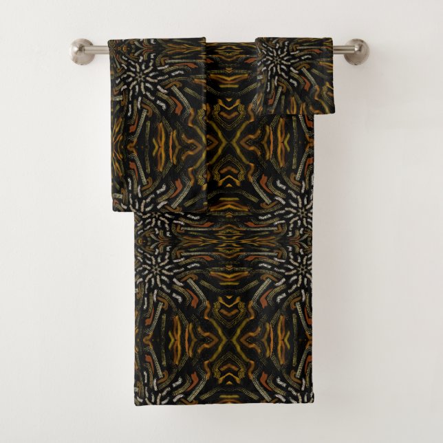 Creamy Golden Yellows Raked Pattern On Black Bath Towel Set (Insitu)