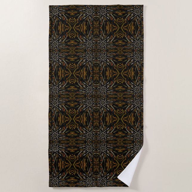 Creamy Golden Yellows Raked Pattern On Black Beach Towel (Front)