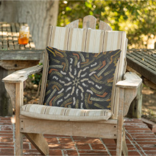 Creamy Golden Yellows Raked Pattern On Black Outdoor Pillow