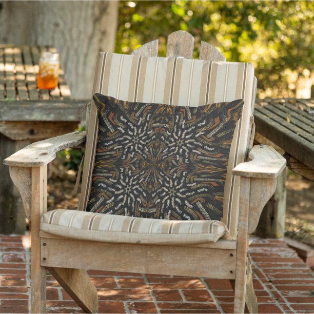 Creamy Golden Yellows Raked Pattern On Black Outdoor Pillow (Chair)