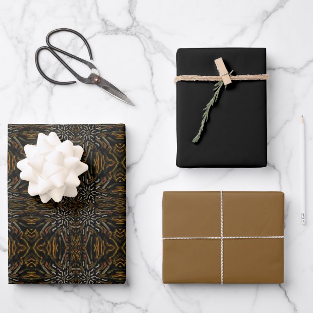 Creamy Golden Yellows Raked Pattern On Black Wrapping Paper Sheets (Front)