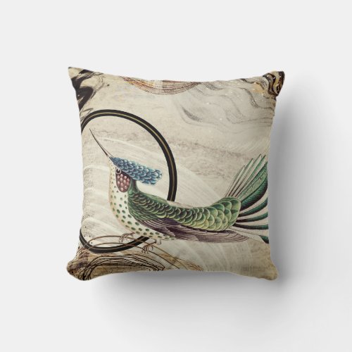 Creamy Ivory Artistic Abstract Hummingbird Design Throw Pillow