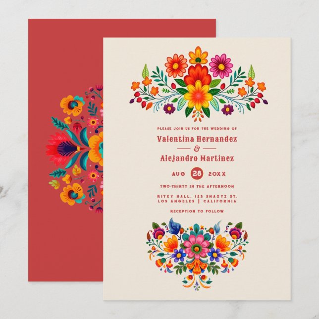 Creamy Linen & Fiesta Red Folk Art Fiesta Wedding Invitation (Front/Back)