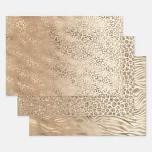 Creamy Peach Gold Leopard Animal Print Wrapping Paper Sheets