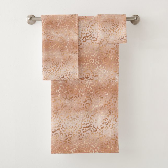 Creamy Peach Rose Blush Leopard Print     Bath Towel Set (Insitu)