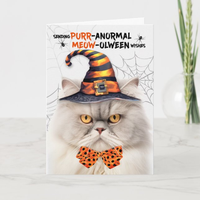 Creamy Persian Cat PURRanormal MEOWolween Holiday Card (Front)