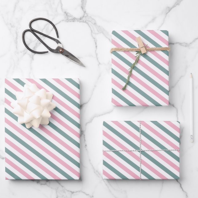 Creamy Pink and Green Diagonal Stripes Pattern Wrapping Paper Sheets (Front)