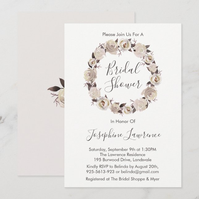 Creamy Roses Floral Wreath Bridal Shower Invites (Front/Back)