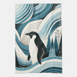 Creamy Sky Blue Penguin In The Ice Winter Forest Kitchen Towel
