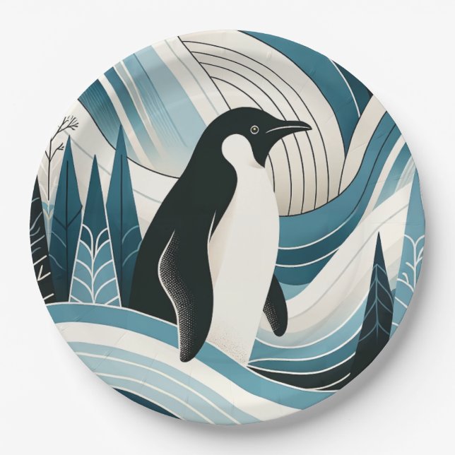 Creamy Sky Blue Penguin In The Ice Winter Forest  Paper Plates (Front)