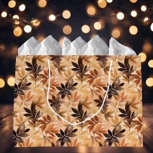 Creamy Tan, Brown Autumn Leaves Watercolor Pattern Large Gift Bag