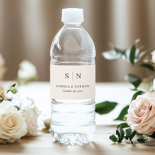 Creamy White and Brown Minimal and Chic Wedding Water Bottle Label