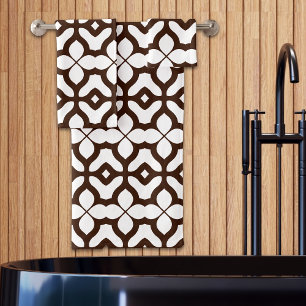 Creamy White and Brown Moroccan Boho Chic Pattern Bath Towel Set