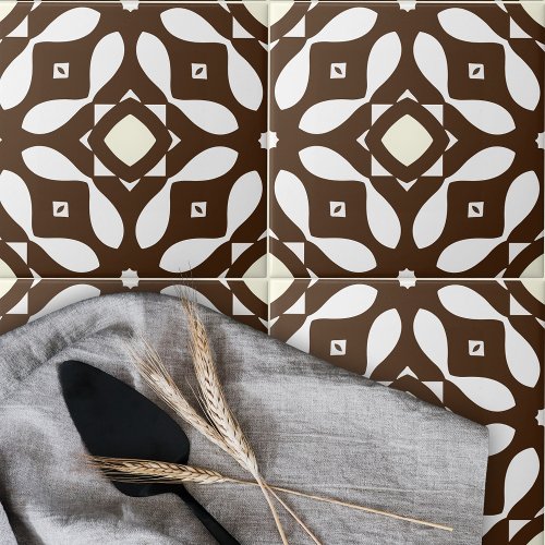 Creamy White and Brown Moroccan Mosaic Pattern Ceramic Tile