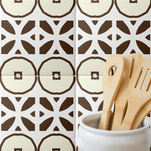 Creamy White and Brown Mosaic Geometric Pattern Ceramic Tile