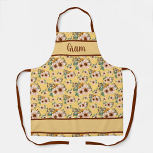 Creamy White and Tan Floral on Yellow Apron
