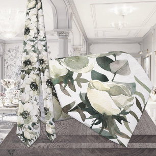 Creamy White Anemones Green Eucalyptus Wedding Neck Tie