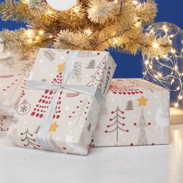 Creamy White, Christmas Tree and Deer Wrapping Paper (Holidays)