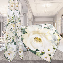 Creamy White Desdemona Roses Wedding White Floral Neck Tie