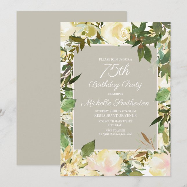 Creamy White Floral Botanical 75th Birthday Invitation (Front/Back)