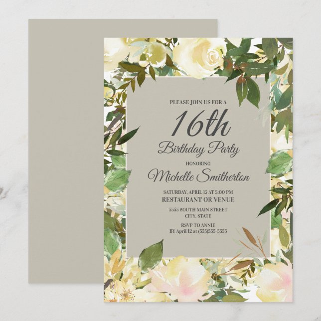 Creamy White Floral Sage Green 16th Birthday Invitation (Front/Back)