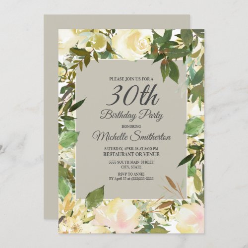 Creamy White Floral Sage Green 30th Birthday Invitation