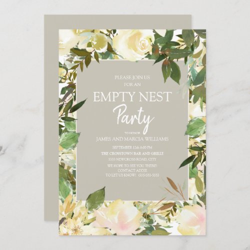 Creamy White Floral Sage Green Empty Nest Party Invitation