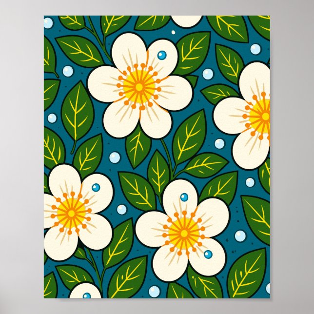 Creamy White Florals Pattern with Green Leaves Poster (Front)