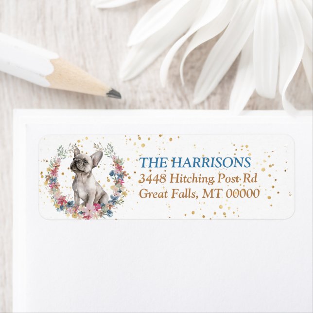 Creamy White French Bulldog Spring Flowers Wreath Label (Insitu)