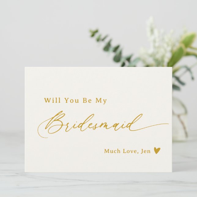 Creamy White Gold Script Bridesmaid Proposal Card (Standing Front)