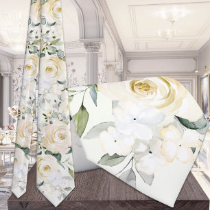Creamy White Peony Eucalyptus Light Sage Wedding Neck Tie