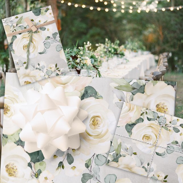 Creamy White Peony & Silver Eucalyptus Greenery Wrapping Paper Sheets (Creator Uploaded)