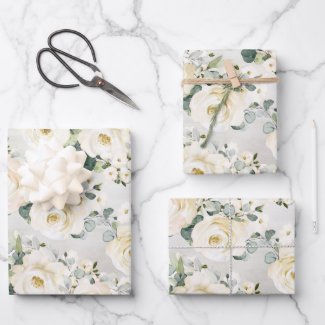 Creamy White Peony & Silver Eucalyptus Greenery Wrapping Paper Sheets