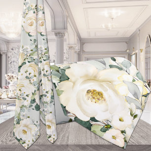 Creamy White Peony Wedding Sage Green Floral Neck Tie