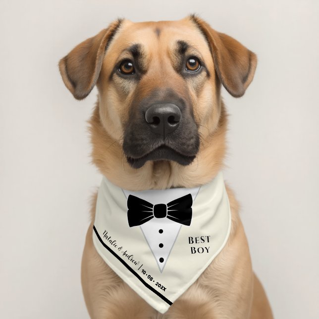 Creamy White Pet Tuxedo Couple Names Wedding Date Bandana Collar (Dog 2)
