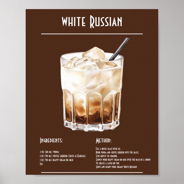 Creamy White Russian Recipe Bar Poster (Front)