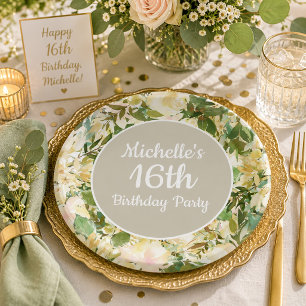 Creamy White Sage Green Floral 16th Birthday Party Paper Plates