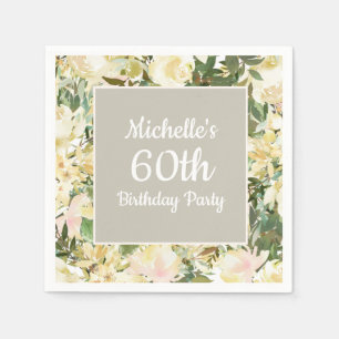 Creamy White Sage Green Floral 60th Birthday Napkins