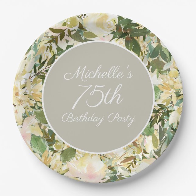 Creamy White Sage Green Floral 75th Birthday Party Paper Plates (Front)