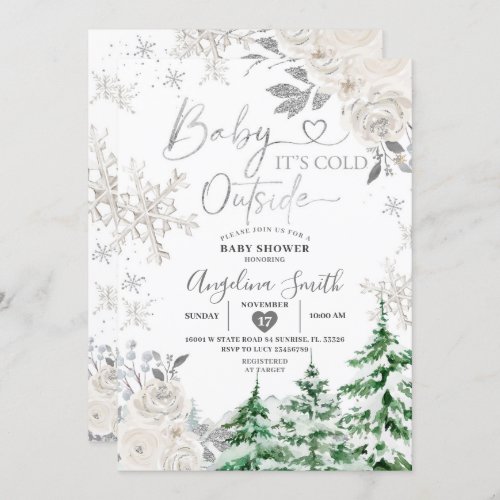 Creamy White Snowflake Floral Forest Baby Shower Invitation