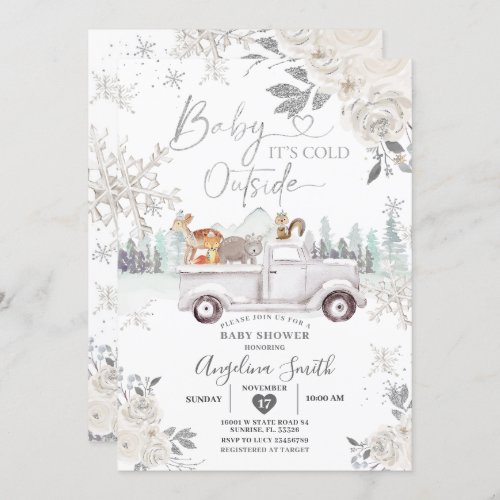 Creamy White Snowflake Floral Truck Baby Shower Invitation