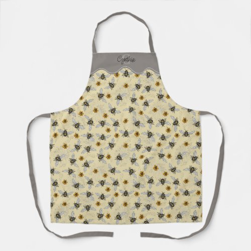 Creamy Yellow  Gray Honeybee Pattern Gardening Apron