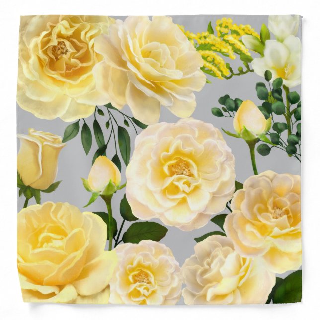Creamy Yellow Roses Vintage Floral on Gray Bandana (Front)