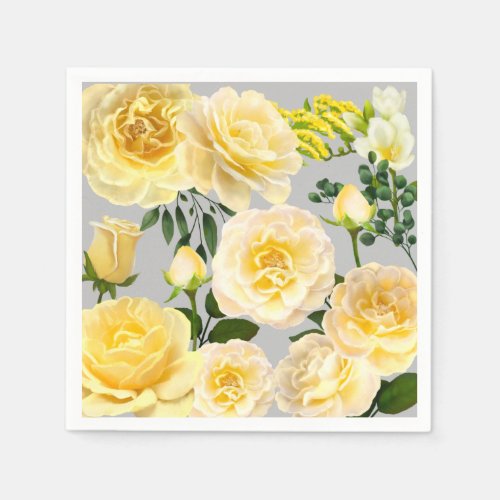 Creamy Yellow Roses Vintage Floral on Gray Napkins