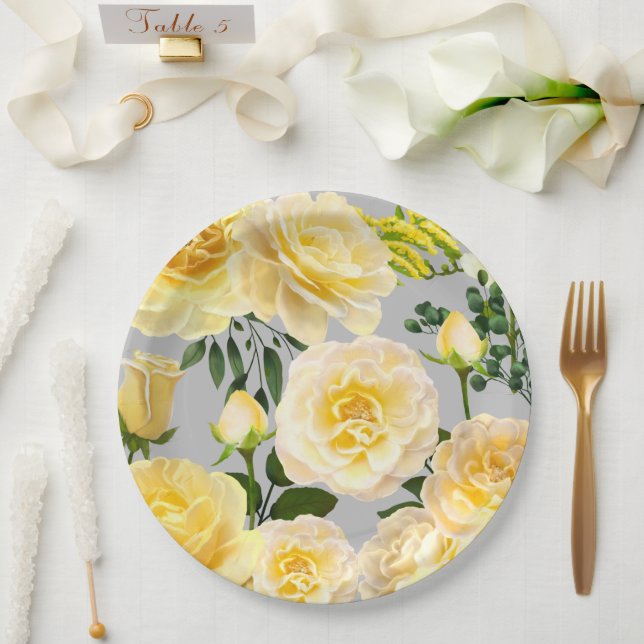 Creamy Yellow Roses Vintage Floral on Gray Paper Plates Zazzle