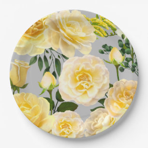 Creamy Yellow Roses Vintage Floral on Gray Paper Plates